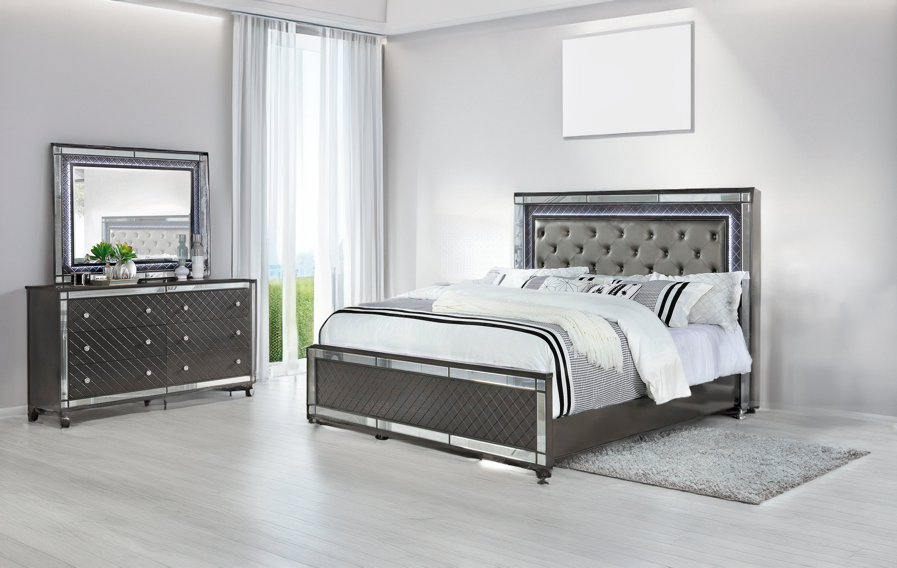House of Hampton 3 1 Adeline LED Upholstered Panel Bedroom Set Wayfair